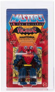 MASTERS OF THE UNIVERSE (1985) - MANTENNA SERIES 4/EVIL HORDE CAS 85 (RED LEVER, CLEAR BLISTER).: Blister card contains 5.5" tall Mattel action figure (red lever variety) and Mantenna And The Menace Of The Evil Horde! mini-comic. Card is unpunched. Blistr is clear. CAS subgrades are as follows - C