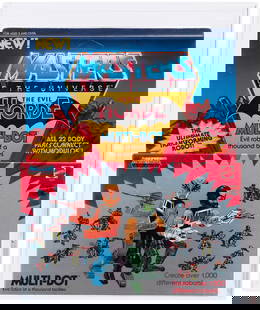 MASTERS OF THE UNIVERSE (1986) - MULTI-BOT SERIES 5/EVIL HORDE AFA UNCIRCULATED U85 NM+.: "New!" Series 5 header box containing multi-part Mattel action figure. Comes w/The Menace Of Multi-Bot! mini-comic. Header is unpunched. Uncirculated. At time of cataloging, only five examples in an A