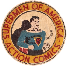 SUPERMAN "SUPERMEN OF AMERICA - ACTION COMICS" RARE 1939-1940 PREMIUM EMBLEM/PATCH VARIETY.
