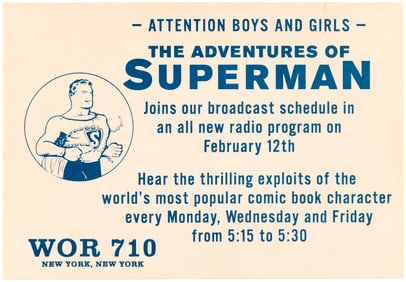 THE ADVENTURES OF SUPERMAN RARE 1940 WOR 710 RADIO PROMOTIONAL CARD.