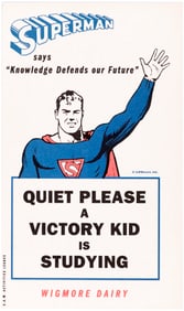 SUPERMAN RARE 1943 WORLD WAR II SCHOOLS AT WAR "VICTORY KID" SIGN.