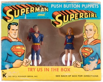 SUPERMAN AND SUPERGIRL PUSH BUTTON PUPPETS RARE 1968 BOXED KOHNER SET.