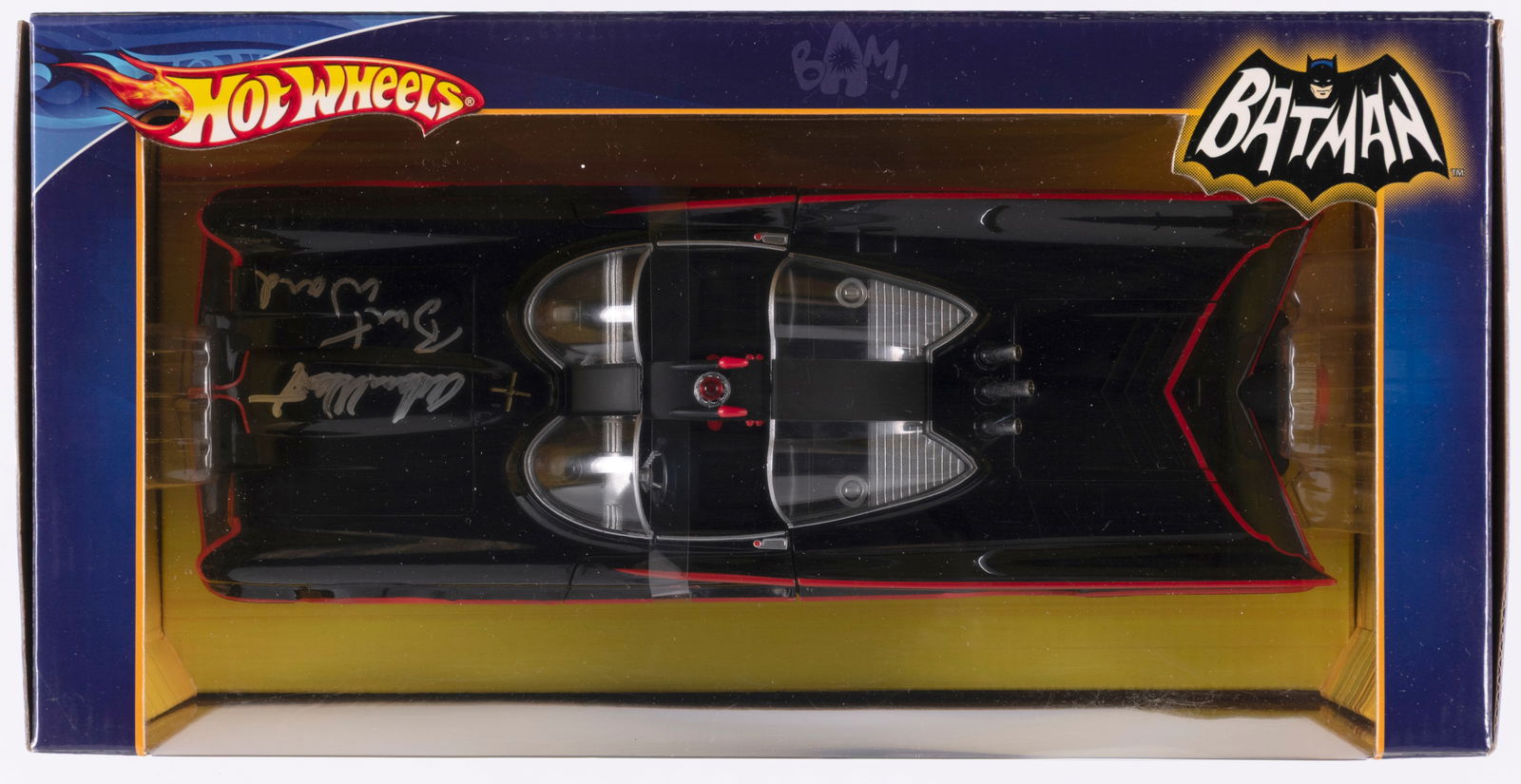 ADAM WEST & BURT WARD SIGNED 1:18 SCALE HOT WHEELS "1966 TV SERIES BATMOBILE.": Window box contain 1:18 Scale die cast replica of the 1966 Batmobile. Released by Hot Wheels, ©2007 DC Comics/Warner Bros. Entertainment Inc. Box has been opened at left and Batmobile was removed