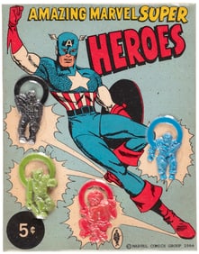 AMAZING MARVEL SUPER HEROES FLEXI-RINGS ON VENDING MACHINE INSERT CARD.