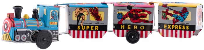 MARVEL SUPER HERO EXPRESS RARE 1968 MARX WIND-UP TRAIN WITH INCREDIBLY RARE BOX.