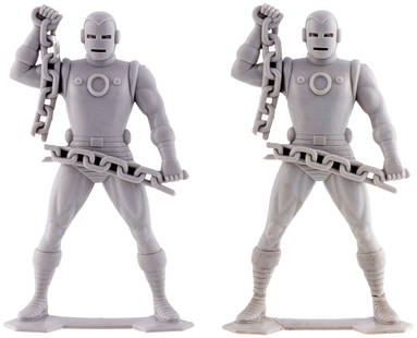 MARX MARVELMANIA IRON MAN LIGHT GRAY ORIGINAL ISSUE FIGURE PAIR.: 5.75" tall pair of soft plastic superheroes in light gray plastic variety. Lot has two figures of Iron Man. &#169;1967 Marvel on bases along with character names. These are the original issue figures