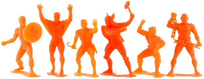 MARX MARVEL SET OF SIX ORANGE SUPERHERO FIGURES.