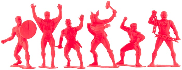 MARX MARVEL SET OF SIX RED SUPERHERO FIGURES.