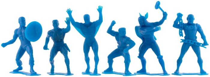 MARX MARVEL SET OF SIX BLUE SUPERHERO FIGURES.