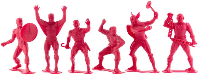 PLASTIMARX MARVEL SET OF SIX DARK RED MEXICAN SUPERHERO FIGURES.