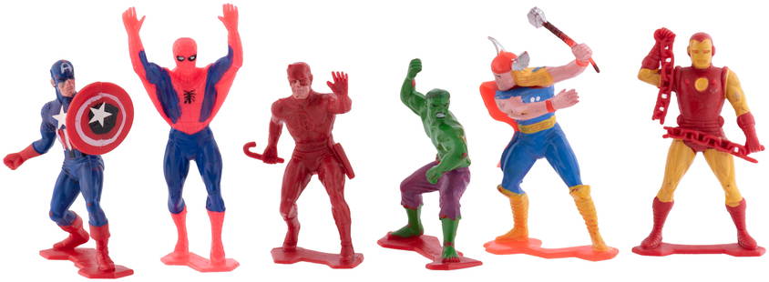 MIGHTY MARVEL SUPER-HEROES RARE FLEETWOOD FIGURE SET.: Complete set of six "Unbreakable Plastic, Hand Painted" (as noted on box, see previous lot) figures Spider-Man, Incredible Hulk, Captain America, Iron Man, Thor and Daredevil. Figures feature same mol