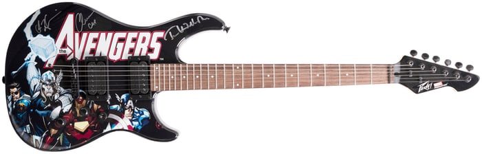 MARVEL - THE AVENGERS - PEAVEY PREDATOR GUITAR SIGNED BY ACTORS EVANS, HEMSWORTH AND HIDDLESTON.