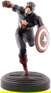 CAPTAIN AMERICA BRONZE STATUE (1998) & STEVE ROGERS MINI-BUST BY RANDY BOWEN.: Original plain white shipping box contains 15" tall figure that is solid cast bronze with 8.75" dia. marble base that depicts classic full body image of Silver Age Captain America w/his shield, runnin