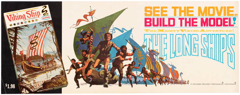 AURORA VIKING SHIP & THE LONG SHIPS 1964 STORE SIGN.: 8-5/8x22" glossy store sign promotes Aurora's 1962 release of the Viking Ship model kit No. 320 (which was released in three different boxes by Aurora over the years) as well as promotional text and i