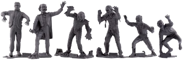 PLASTIMARX UNIVERSAL MONSTERS SET OF SIX SILVER-GRAY FIGURES.