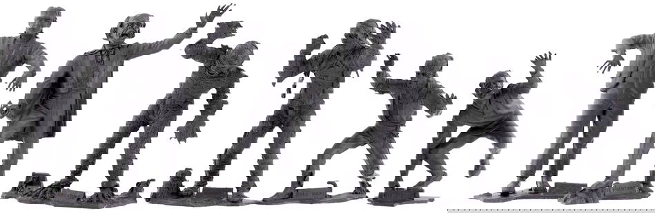 PLASTIMARX UNIVERSAL MONSTERS SET OF SIX SILVER-GRAY FIGURES.: Complete set of six figures originally created by Marx in the 1960s and &#169;Universal Pictures Co. Inc. These figures are a dark silver-gray plastic and are likely remakes (knock-offs) by Plastimarx