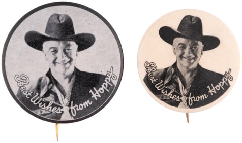 HOPALONG CASSIDY "BEST WISHES FROM HOPPY" COWBOY SLOGAN BUTTON PAIR.