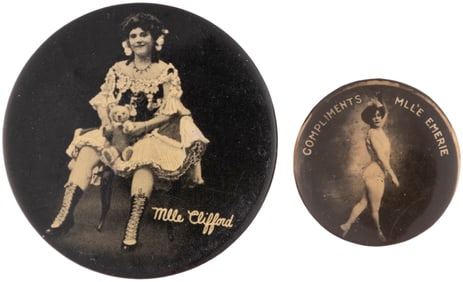 EARLY 1900s MLLE CLIFFORD SWORD SWALLOWER MIRROR AND MLL’E EMERIE AERIAL ARTIST BUTTON.