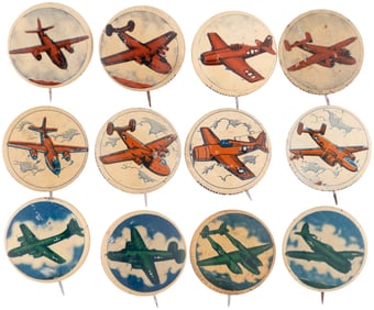 KELLOGG'S PEP CEREAL 1943/1945 MILITARY INSIGNIA (36) AND WWII WAR PLANES (12) HIGH GRADE BUTTON