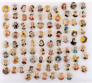 KELLOGG'S PEP CEREAL 1945-1946 HIGH GRADE SET OF 86 COMIC STRIP CHARACTERS BUTTONS.