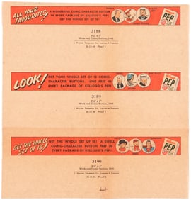 KELLOGG'S PEP CEREAL 1945-1946 COMIC STRIP CHARACTERS BUTTON EPHEMERA TRIO INCLUDING NEWSPAPER AD