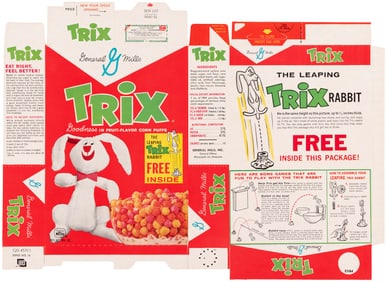 GENERAL MILLS "TRIX" 1961 FILE COPY CEREAL BOX FLAT WITH "THE LEAPING TRIX RABBIT" PREMIUM.