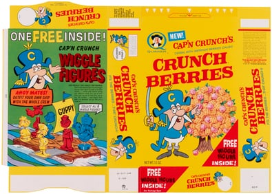 QUAKER "CAP'N CRUNCH'S CRUNCH BERRIES" 1960s FILE COPY CEREAL BOX FLAT & "WIGGLE FIGURES" PREMIUM
