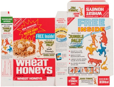 NABISCO "WHEAT HONEYS" 1967 FILE COPY CEREAL BOX FLAT WITH "JUNGLE BOOK JUNGLE PALS" PREMIUM SET.