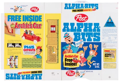POST "ALPHA-BITS" 1969 FILE COPY CEREAL BOX FLAT & SEALED "ARCHIE'S CAR" PREMIUM PAIR.