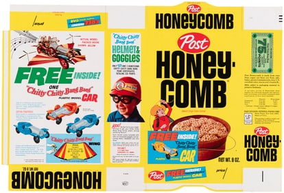 POST "HONEYCOMB" 1969 FILE COPY CEREAL BOX FLAT & "CHITTY CHITTY BANG BANG CAR" PREMIUM SET.