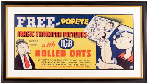 POPEYE MAGIC TRANSFER PICTURES 1935 IGA ROLLED OATS ADVERTISING SIGN (LARGEST & RAREST OF FOUR