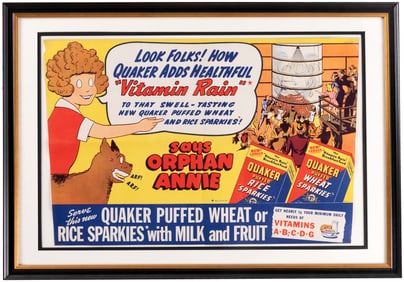LITTLE ORPHAN ANNIE 1941 QUAKER CEREALS "VITAMIN RAIN" FRAMED SIGN.