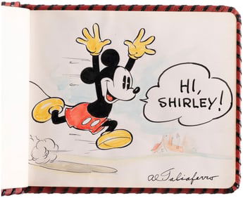 SHIRLEY TEMPLE’S PERSONALLY OWNED AUTOGRAPH ALBUM, FEATURING SIGNATURES & DISNEY ORIGINAL ART.