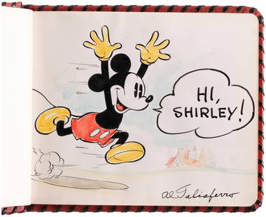 SHIRLEY TEMPLE’S PERSONALLY OWNED AUTOGRAPH ALBUM, FEATURING SIGNATURES & DISNEY ORIGINAL ART.: 5.25x6.5" leatherbound "Autographs" album by Samuel Ward Mfg. Co. features autographs and original art collected by/for Shirley Temple (1928-2014) during her time as a child star in the mid-late 1930s
