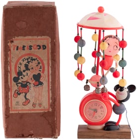 MICKEY MOUSE & BETTY BOOP RARE BOXED 1930s "TIME IS GOLD" CELLULOID WIND-UP.
