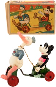 MICKEY MINNIE MOUSE DRIVING DONALD DUCK EXTREMELY RARE BOXED 1930s CELLULOID WIND-UP.