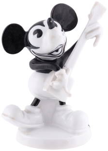 MICKEY MOUSE WITH BANJO 1932 PORCELAIN ROSENTHAL FIGURINE.: 3.25" tall beautiful figurine by the famous German company, c. 1932. This is No. 554 in the series w/incised number under base along w/"Rosenthal" company mark. Wonderfully expressive pose of Mickey M