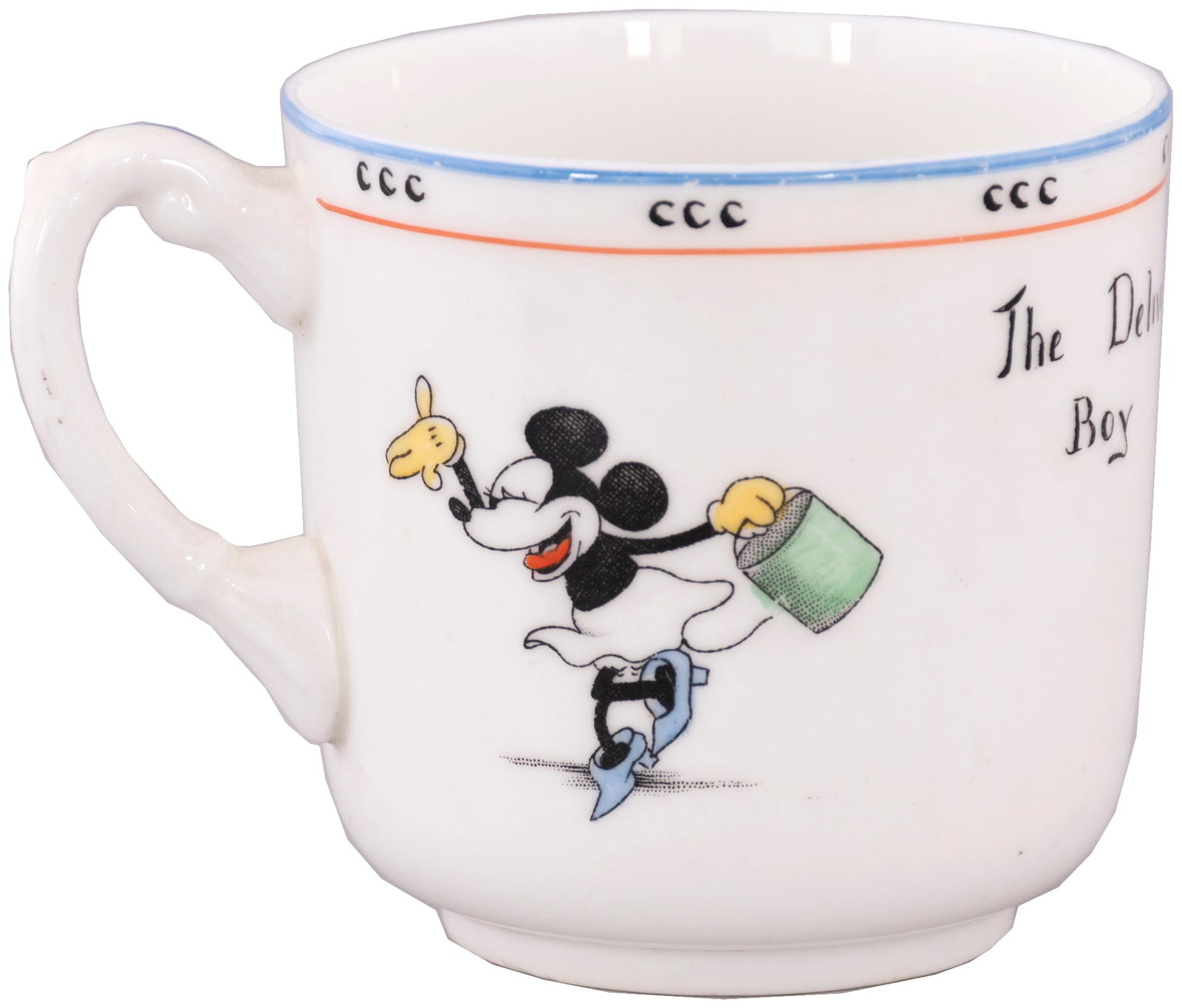 MICKEY & MINNIE MOUSE & PLUTO RARE & EXCEPTIONAL 1930s PARAGON CHINA CUP (COLOR VARIETY, FIRST WE'VE: 2-7/8" tall handled cup. Made in England, early 1930s. Cup features same "The Delivery Boy" design as previous lot, but slightly different colorway. Of note, the area w/"Express" text features green c
