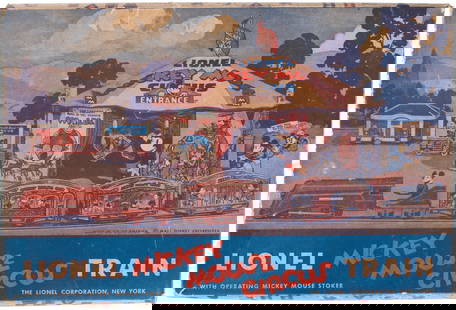 LIONEL MICKEY MOUSE CIRCUS TRAIN BOXED 1935 NEAR COMPLETE SET.: 11.25x17x2.5" deep box w/nicely illustrated lid contains Lionel Set No. 1536, &#169; Walt Disney Enterprises, c. 1935. Box lid has tape repairs to two corner splits w/tape repair to small tear at anot