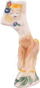 FANTASIA 1940 CENTAURETTE (NO. 22) VERNON KILNS FIGURINE.: 8" tall wonderfully painted and glazed ceramic figurine. Underside has company mark including incised number "22" and stamped 1940 copyright. One of three different Caucasian Centaurettes produced by