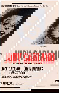 JUDY GARLAND 1967 NEW YORK, NY CONCERT POSTER.: 14x22" on cardboard by "Artcraft Litho. Inc., New York". Promoting a series of concerts from July 31 through Aug. 26 at the Palace Theatre. Featuring image of Garland captioned in fine print "Portrait