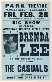 BRENDA LEE "BIGGEST LITTLE STAR" 1958 TENNESSEE CONCERT POSTER.