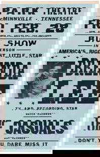 BRENDA LEE "BIGGEST LITTLE STAR" 1958 TENNESSEE CONCERT POSTER.: 14x22" on cardboard by Hatch Show Print of Nashville, TN. Promoting a concert at Park Theatre in McMinnville, TN on Feb. 28. Utilizing an early head shot of "America's Biggest Little Star Brenda Lee"