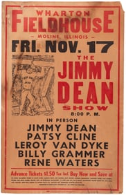 JIMMY DEAN, PATSY CLINE 1961 MOLINE, IL COUNTRY MUSIC CONCERT POSTER.