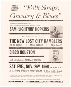 LIGHTNIN' HOPKINS, NEW LOST CITY RAMBLERS NEW YORK CITY 1960 CONCERT HANDBILL.