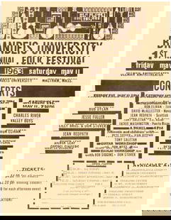 BOB DYLAN, PETE SEEGER BRANDEIS UNIVERSITY 1963 FOLK FESTIVAL WALTHAM, MA CONCERT HANDBILL.: 8.5x11" on thin yellow stock. Promoting the two-day "Brandeis University 1st Annual Folk Festival" on "Friday May 10" and "Saturday May 11". Pete Seeger is listed as the closing act for Saturday night