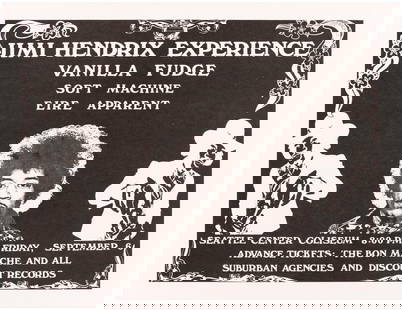 JIMI HENDRIX EXPERIENCE 1968 SEATTLE, WASHINGTON CONCERT HANDBILL.: 8.5x11" thin white stock promoting "Jimi Hendrix Experience, Vanilla Fudge, Soft Machine, Eire Apparent" at "Seattle Center Coliseum 8:00PM Friday, September 6" in Seattle, WA. Ticket information indi