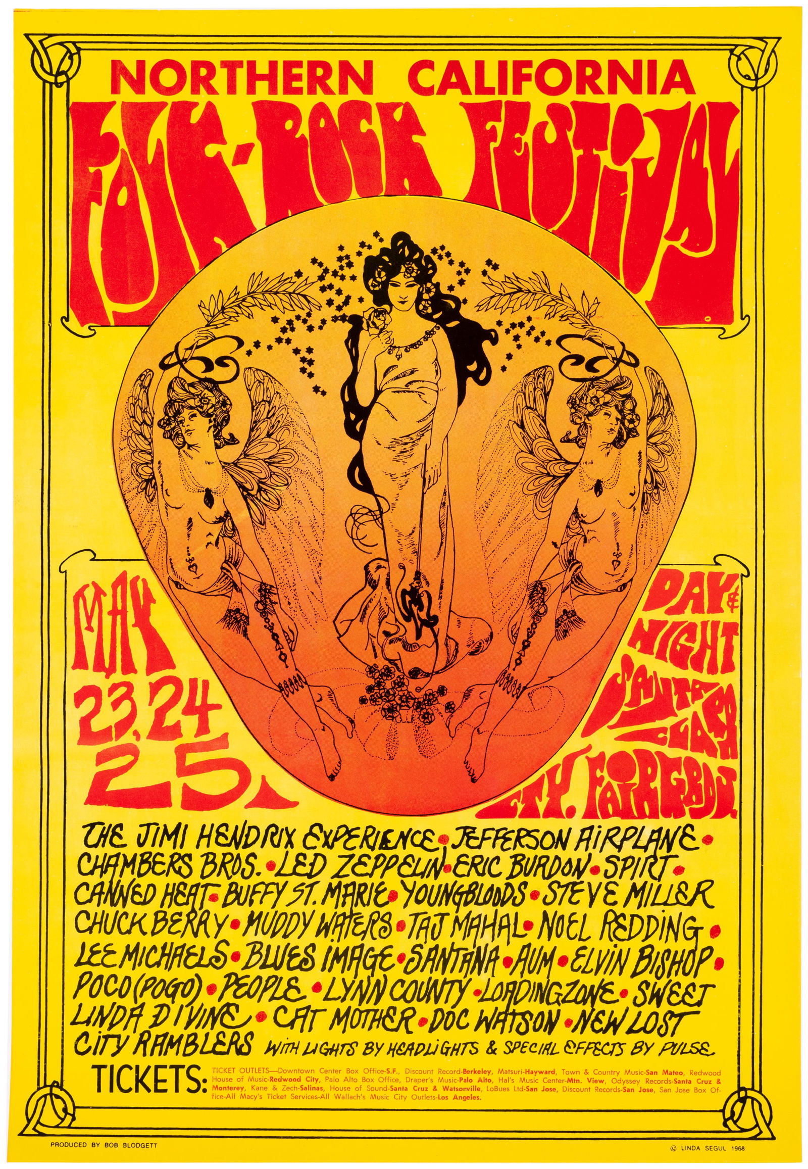 JIMI HENDRIX, JEFFERSON AIRPLANE, LED ZEPPELIN 1969 NORTHERN CA FOLK ROCK FESTIVAL CONCERT POSTER.: 14x20.5" glossy coated thin cardstock poster for concerts at Santa Clara County Fairgrounds in San Jose, CA on May 23-25, 1969 that featured Jimi Hendrix, Jefferson Airplane, Led Zeppelin, Santana, Ca
