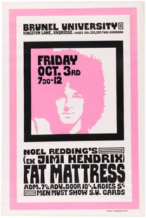 NOEL REDDING'S (EX-JIMI HENDRIX) FAT MATTRESS 1969 BRUNEL UNIVERSITY LONDON, ENGLAND CONCERT POSTER.: 20x30" on thin white paper w/printer "Impact: Windsor 68379" at bottom right. Promoting a concert 'Friday Oct. 3rd" featuring "Noel Redding's (Ex-Jimi Hendrix) Fat Mattress" at Brunel University in Lo