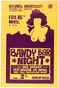 DIZ DIZLEY "BAWDY BAR NIGHT" 1970 BRUNEL UNIVERSITY LONDON, ENGLAND CONCERT POSTER.